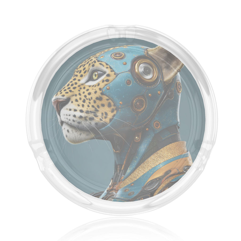 Cyber Leopard Pattern Glass Ashtray | Futuristic Artistic Round Transparent Glass