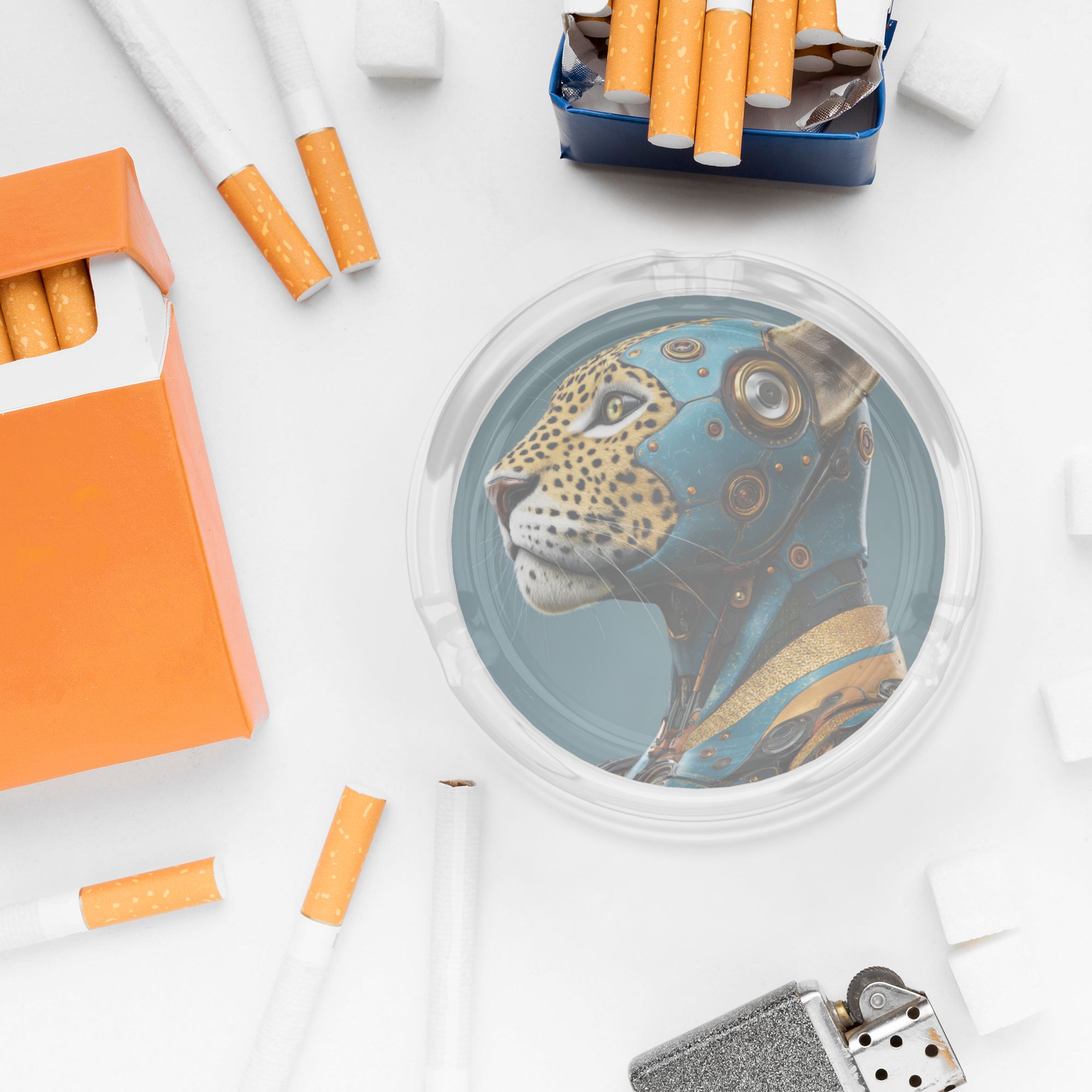 Cyber Leopard Pattern Glass Ashtray | Futuristic Artistic Round Transparent Glass