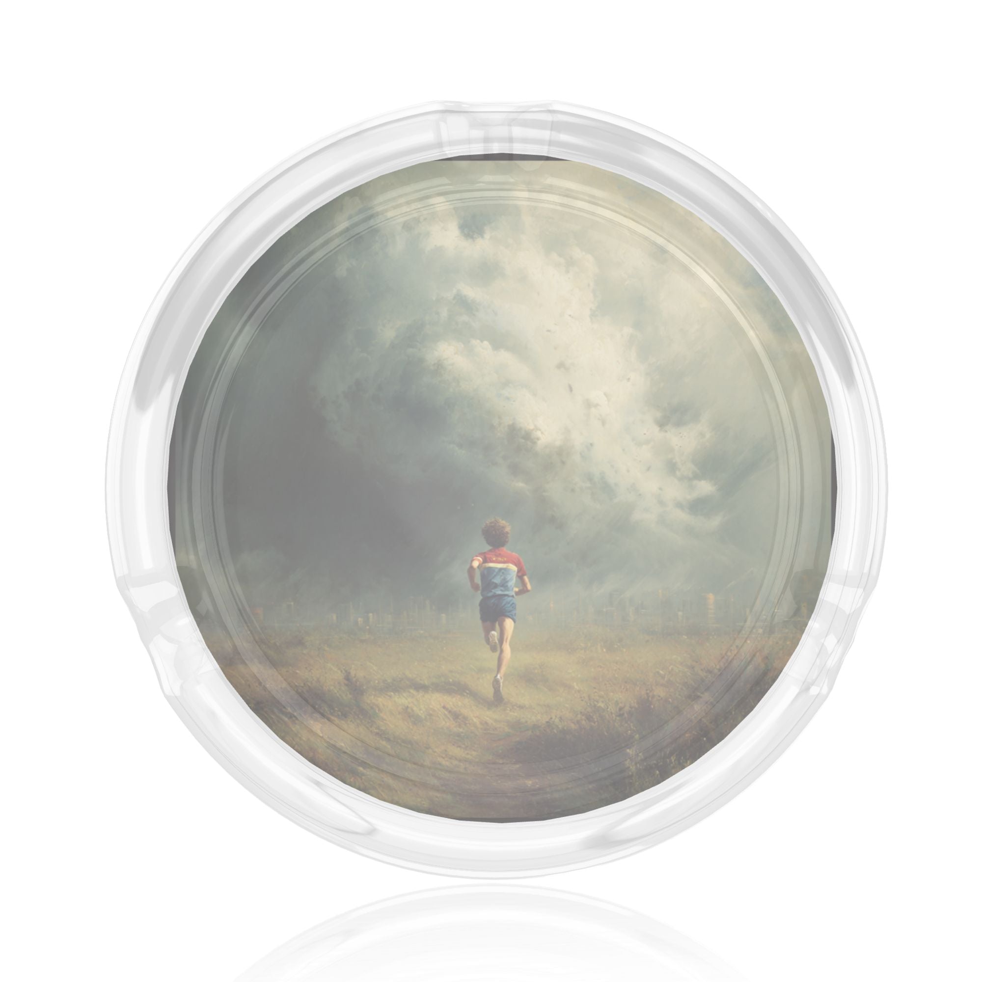 Creative Artistic Glass Ashtray | Running Boy with Storm Cloud Illustration Round Ashtray