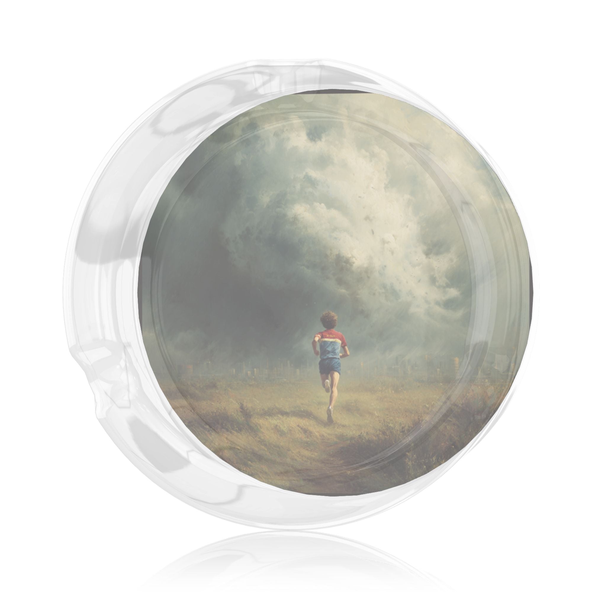 Creative Artistic Glass Ashtray | Running Boy with Storm Cloud Illustration Round Ashtray