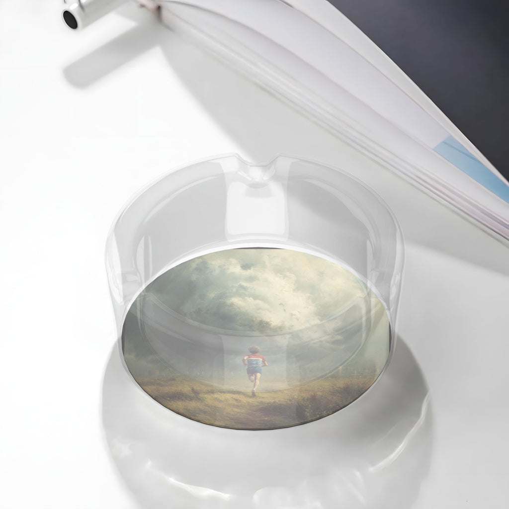 Creative Artistic Glass Ashtray | Running Boy with Storm Cloud Illustration Round Ashtray