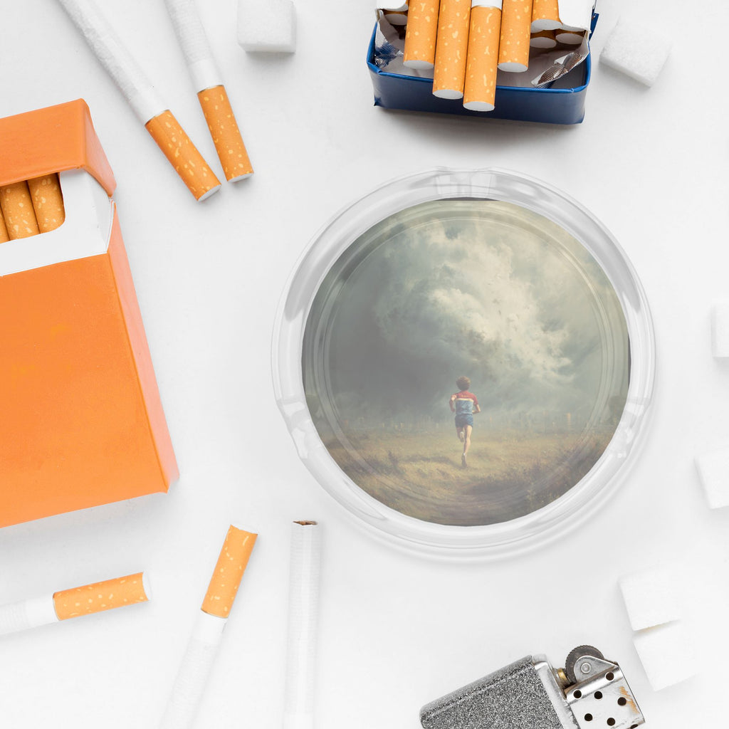 Creative Artistic Glass Ashtray | Running Boy with Storm Cloud Illustration Round Ashtray