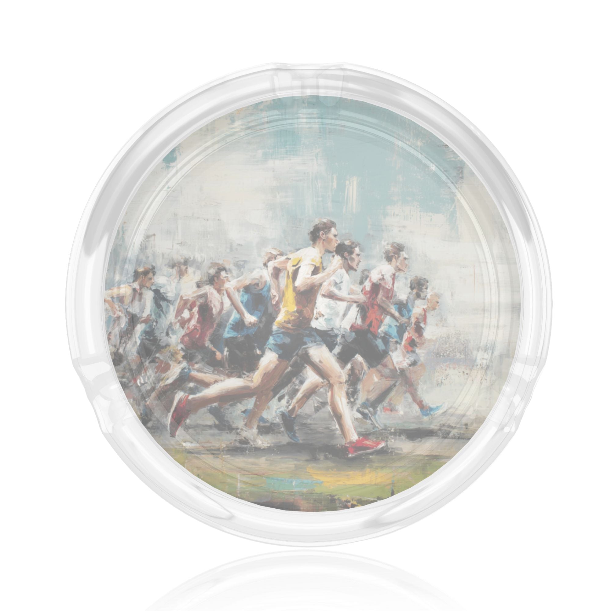 Running Theme Artistic Glass Ashtray – Hand-Painted Style Round Design, 10.5cm Diameter