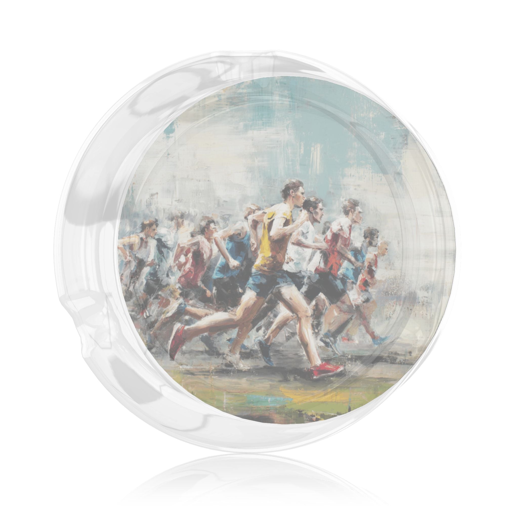 Running Theme Artistic Glass Ashtray – Hand-Painted Style Round Design, 10.5cm Diameter