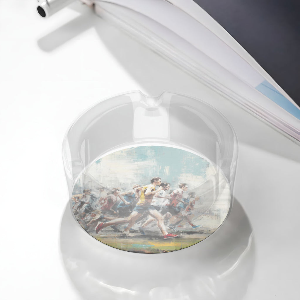 Running Theme Artistic Glass Ashtray – Hand-Painted Style Round Design, 10.5cm Diameter