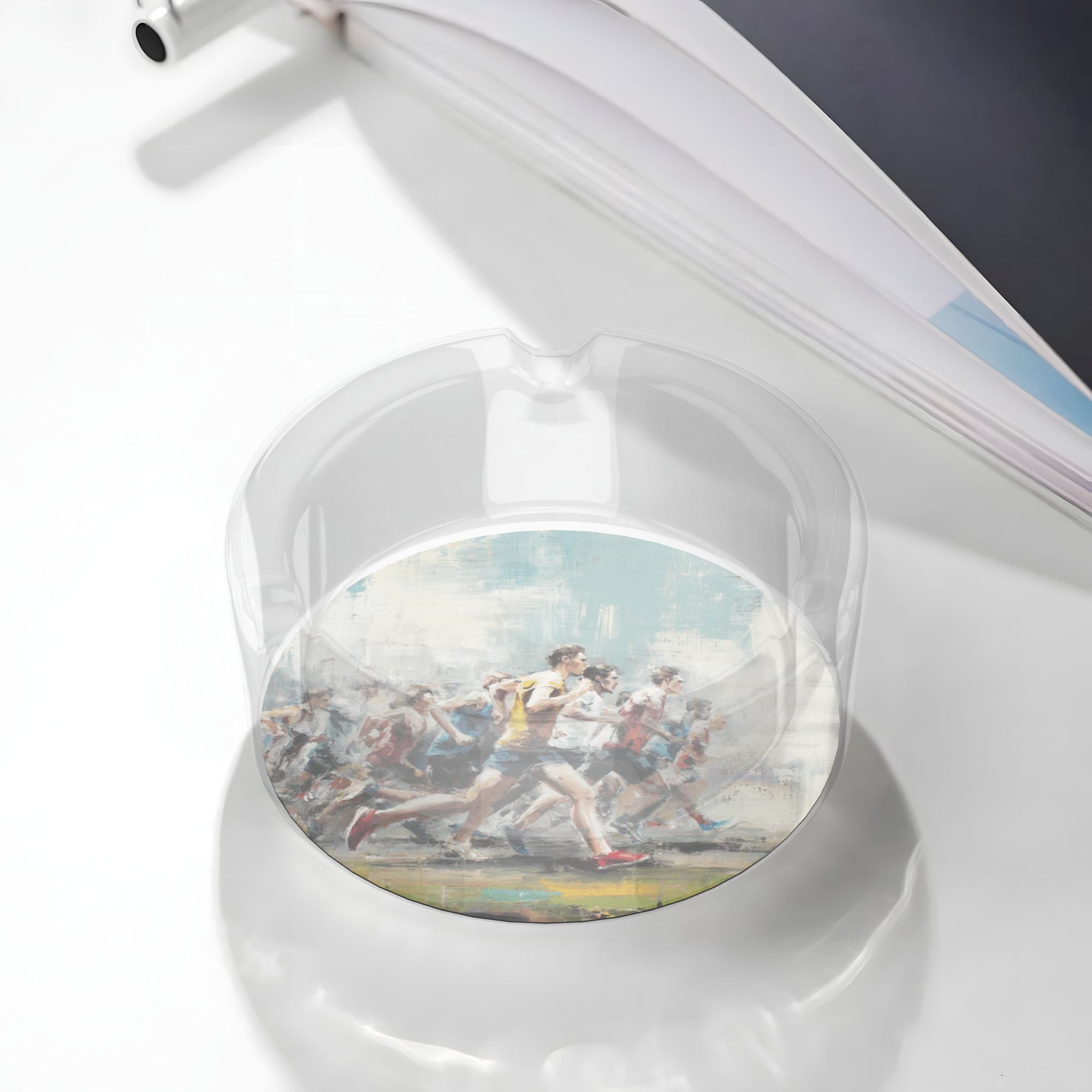 Running Theme Artistic Glass Ashtray – Hand-Painted Style Round Design, 10.5cm Diameter