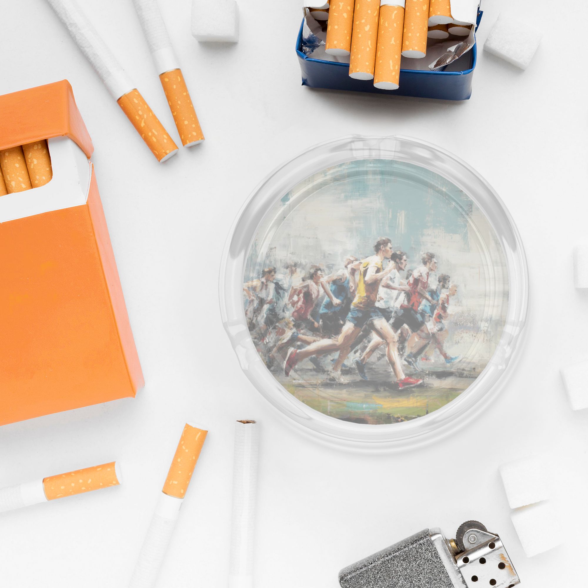 Running Theme Artistic Glass Ashtray – Hand-Painted Style Round Design, 10.5cm Diameter